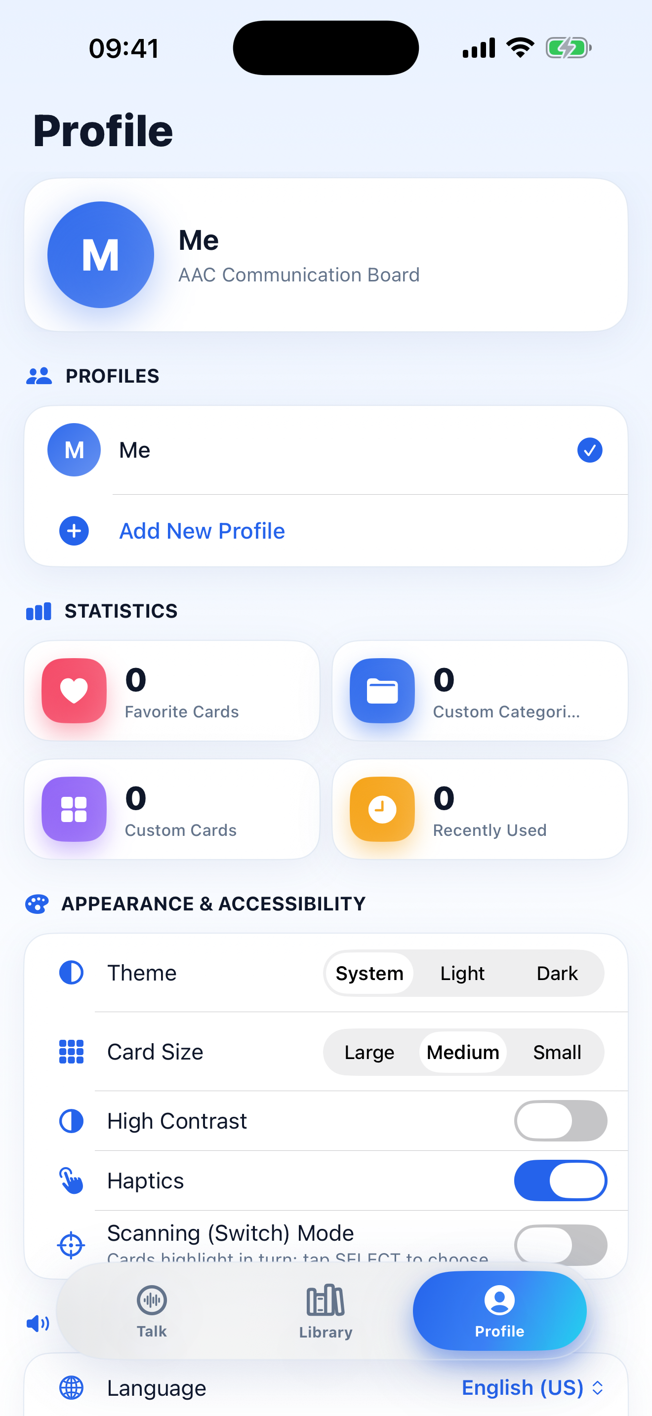 Profile and settings screen