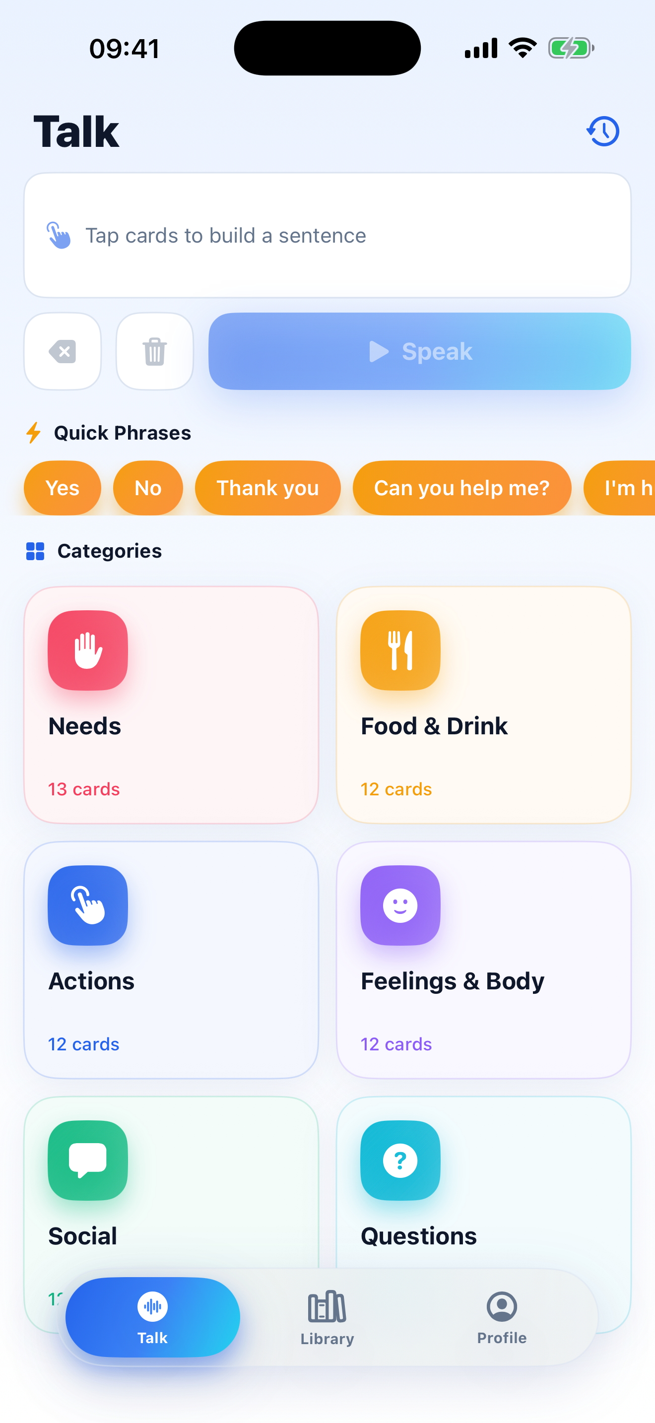 Sonus Talk screen — tap cards to build a sentence and press Speak